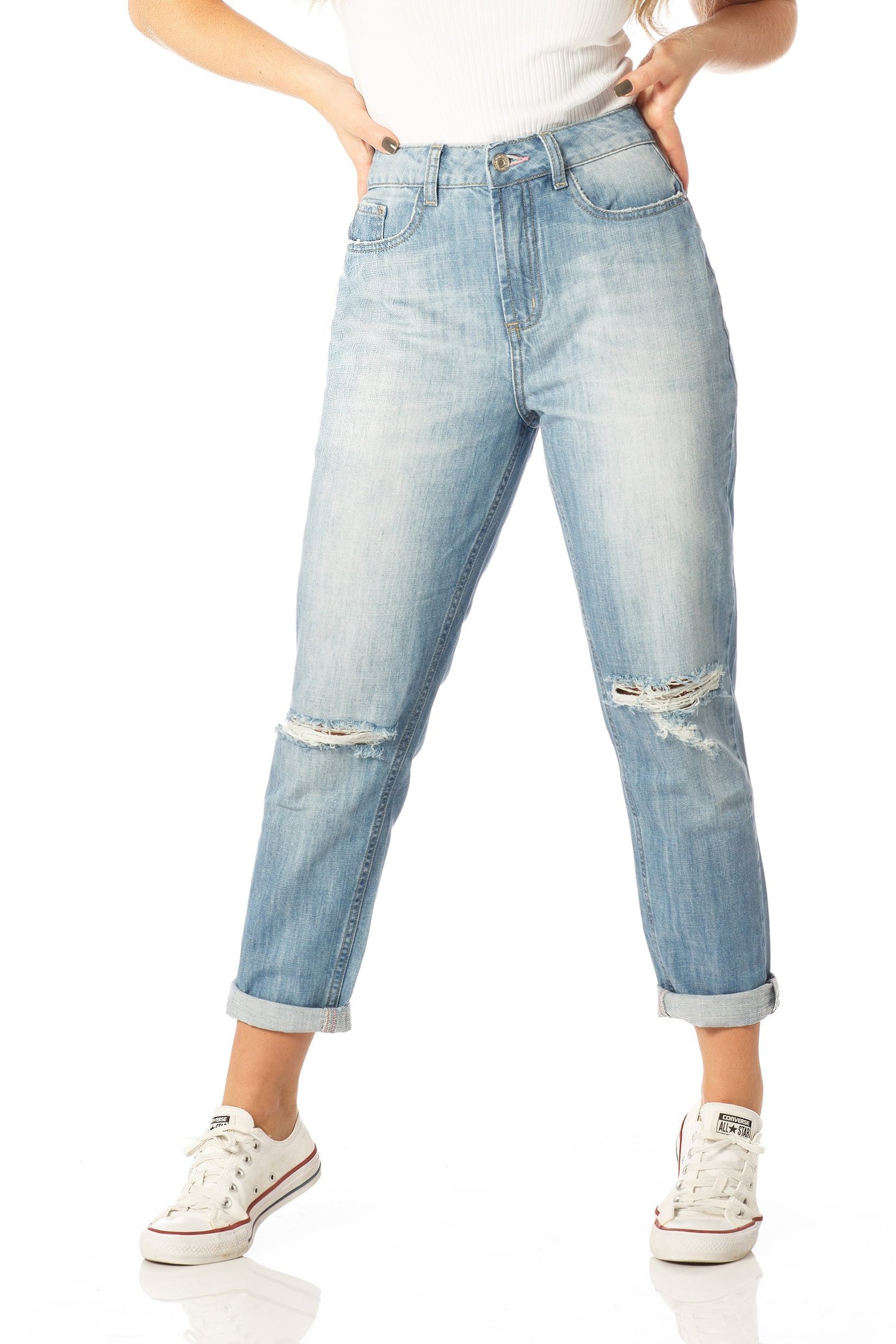 calca mom alta clara dz2529 frente proximo denim zero