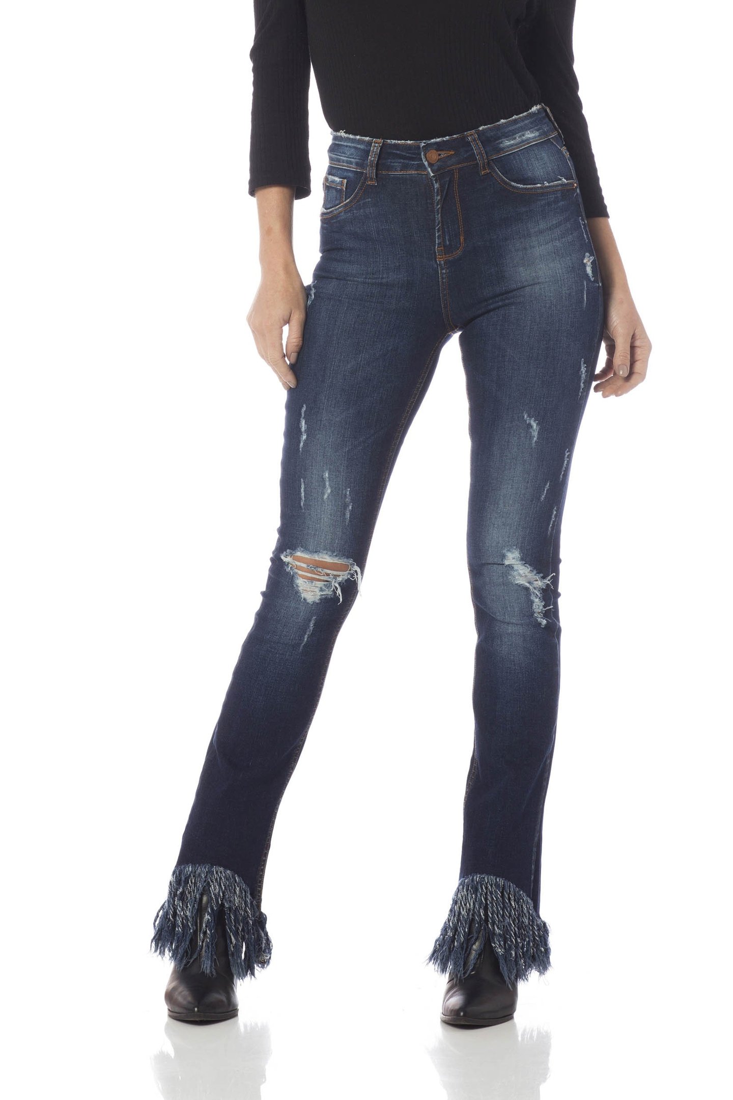 calca skinny media com franjas dz2609 frente proximo denim zero