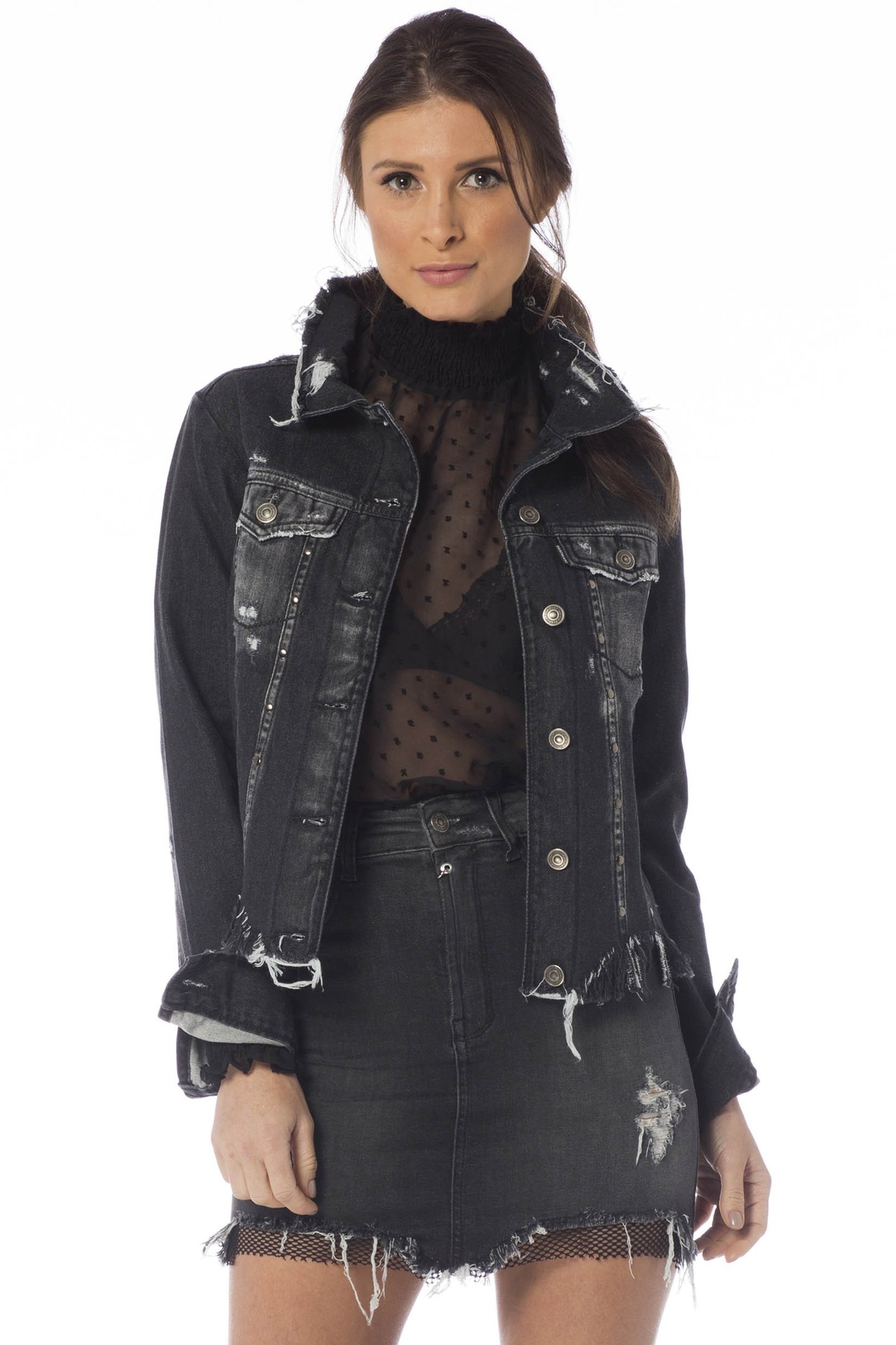 jaqueta jeans feminina preta dz9078 frente proximo denim zero