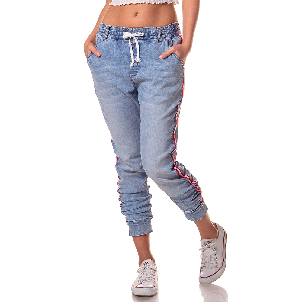 dz2730 calca jogger sport com listra denim zero frente cortada