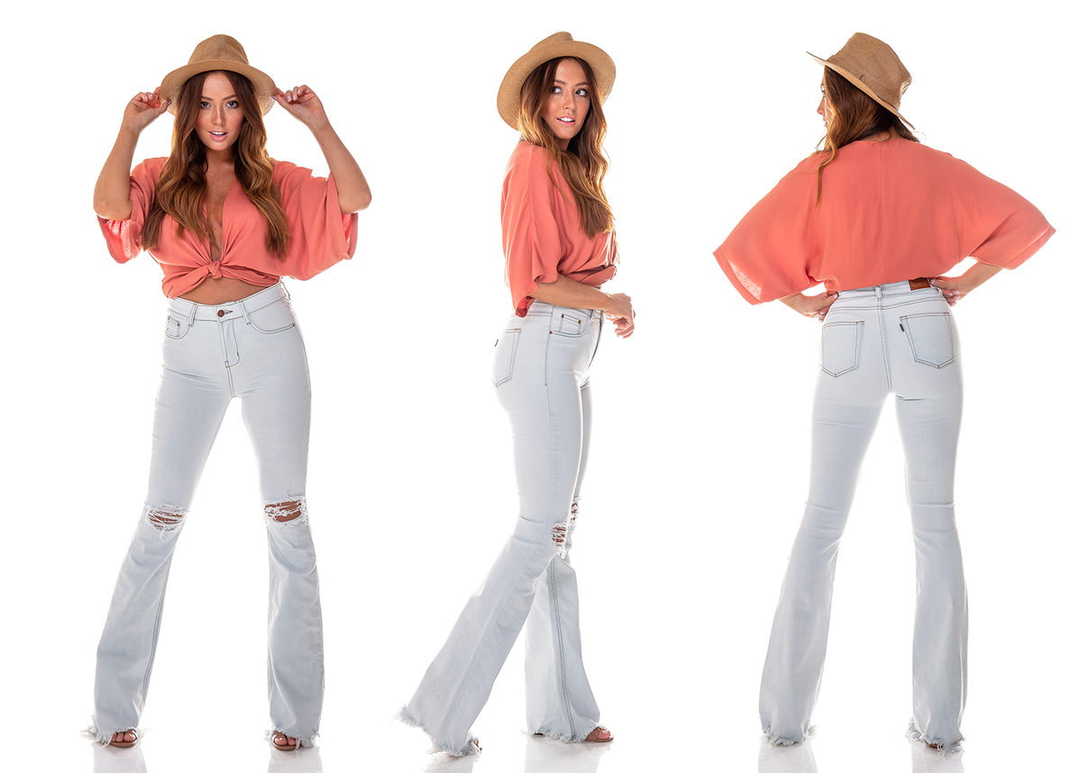 dz2710 calca flare media clara com rasgos denim zero tripla
