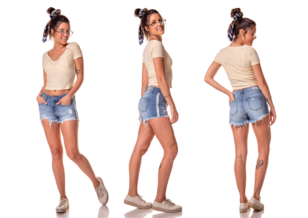 dz6241 shorts young com rasgos e fita lateral denim zero tripla