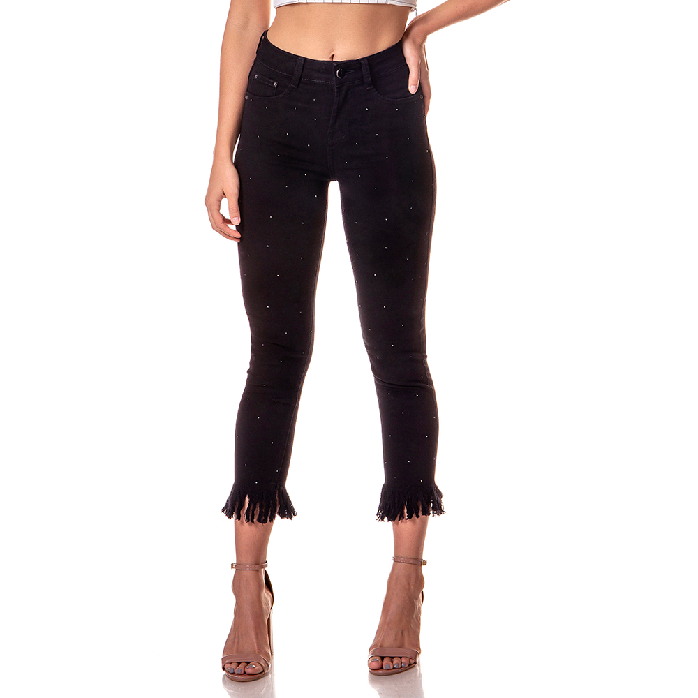 dz2748 calca skinny cropped media preta com brilho denim zero frente cortada