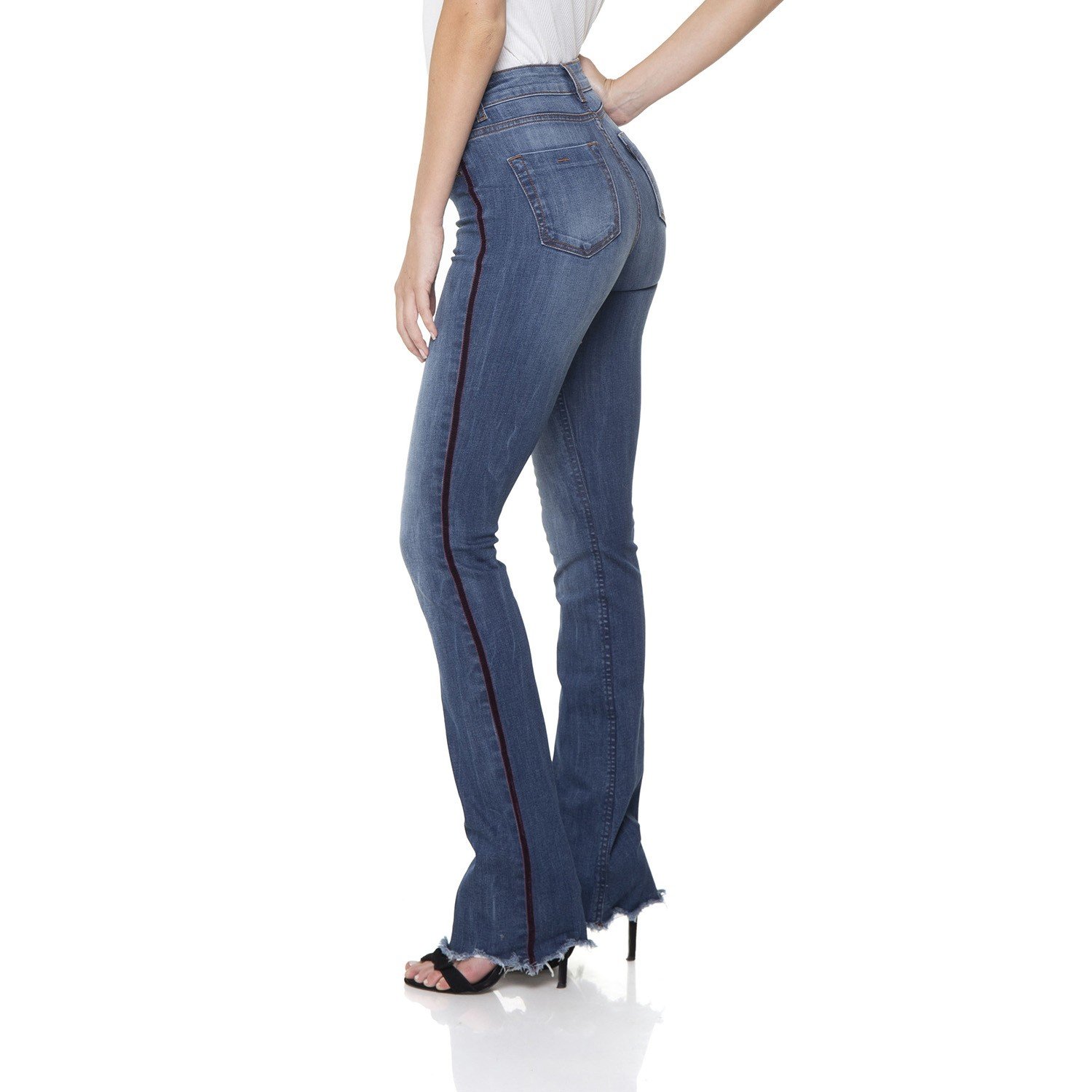 dz2895 calca jeans flare media com listra lateral denim zero lado prox