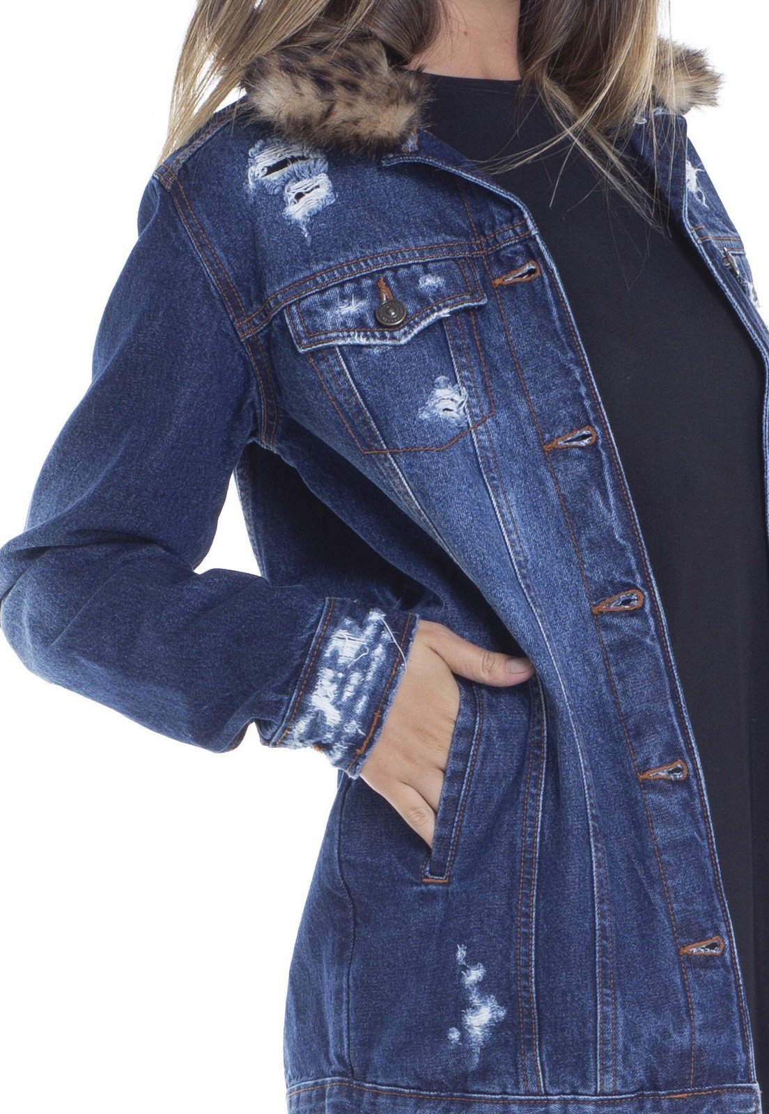 dz9098 jaqueta feminina oversize gola com pelos detalhe denim zero