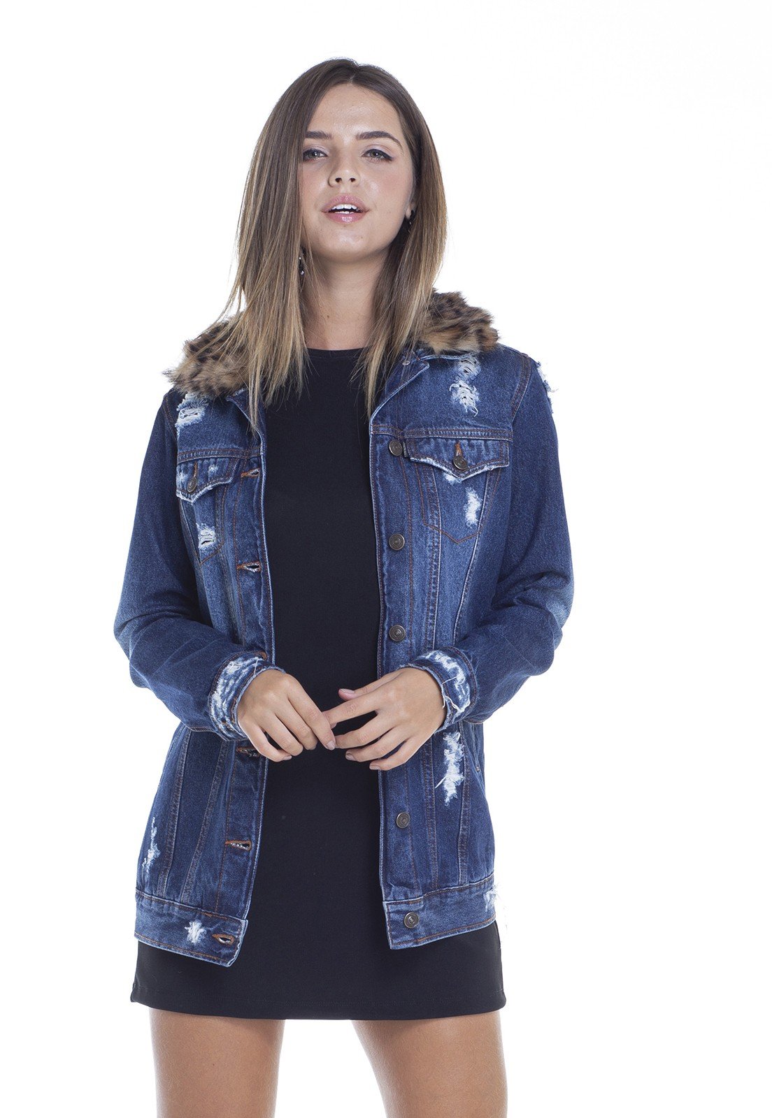 dz9098 jaqueta feminina oversize gola com pelos frente crop denim zero