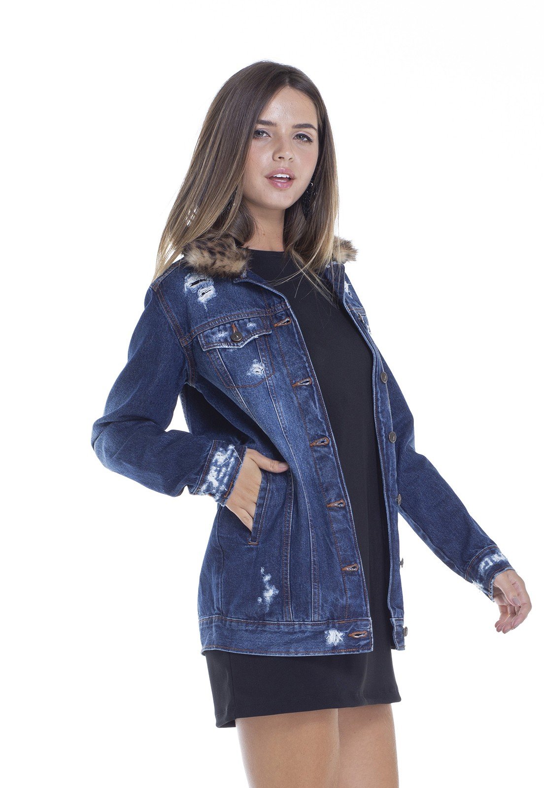 dz9098 jaqueta feminina oversize gola com pelos lado crop denim zero