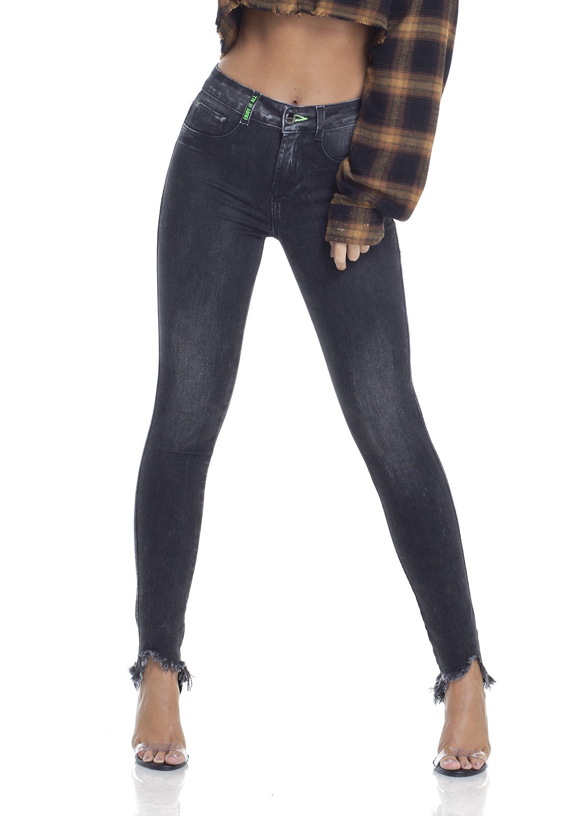 dz2933 calca jeans skinny media detalhe neon frente crop denim zero