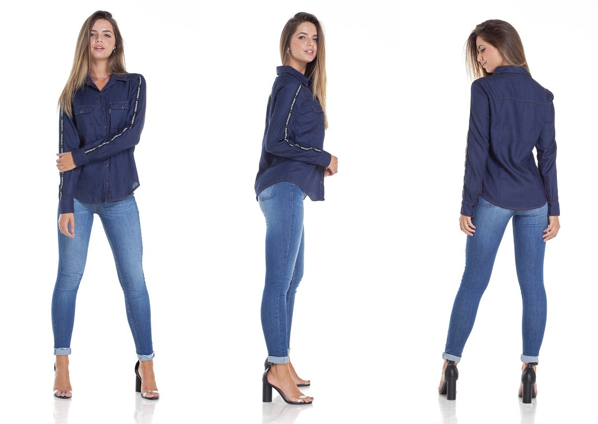 dz11139 camisa solta jeans com listra na manga tripla denim zero