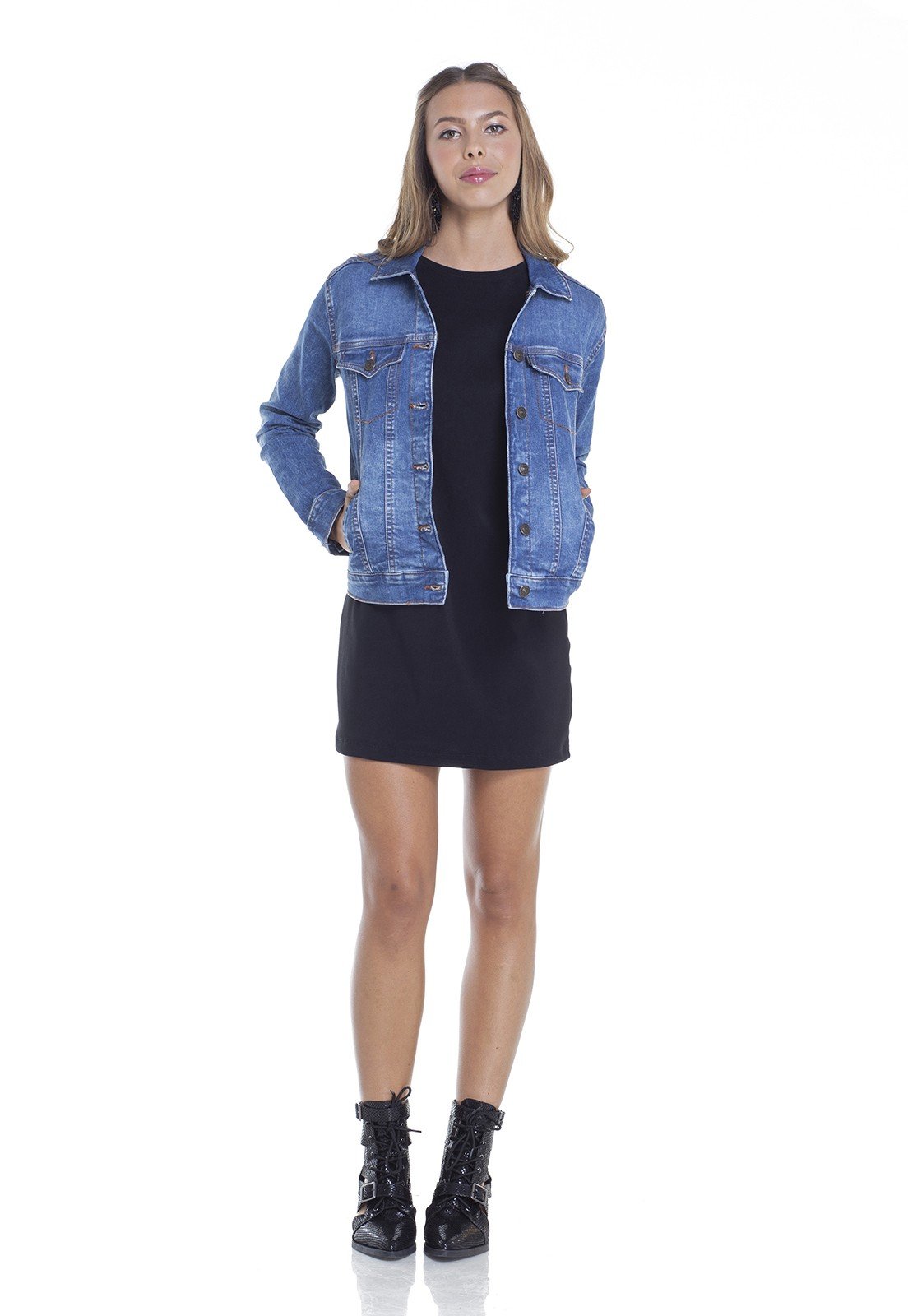 dz9097 jaqueta jeans feminina regular com bordado frente denim zero