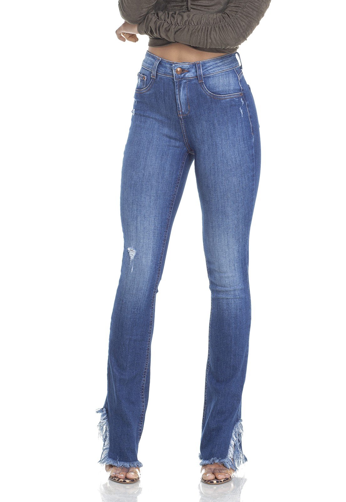 dz2947 calca jeans boot cut barra desfiada frente crop denim zero