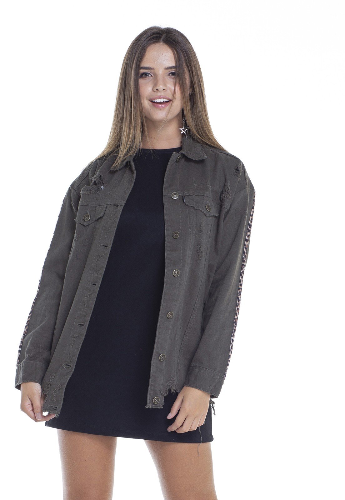 dz9095 jaqueta oversize militar com listra na manga frente crop denim zero