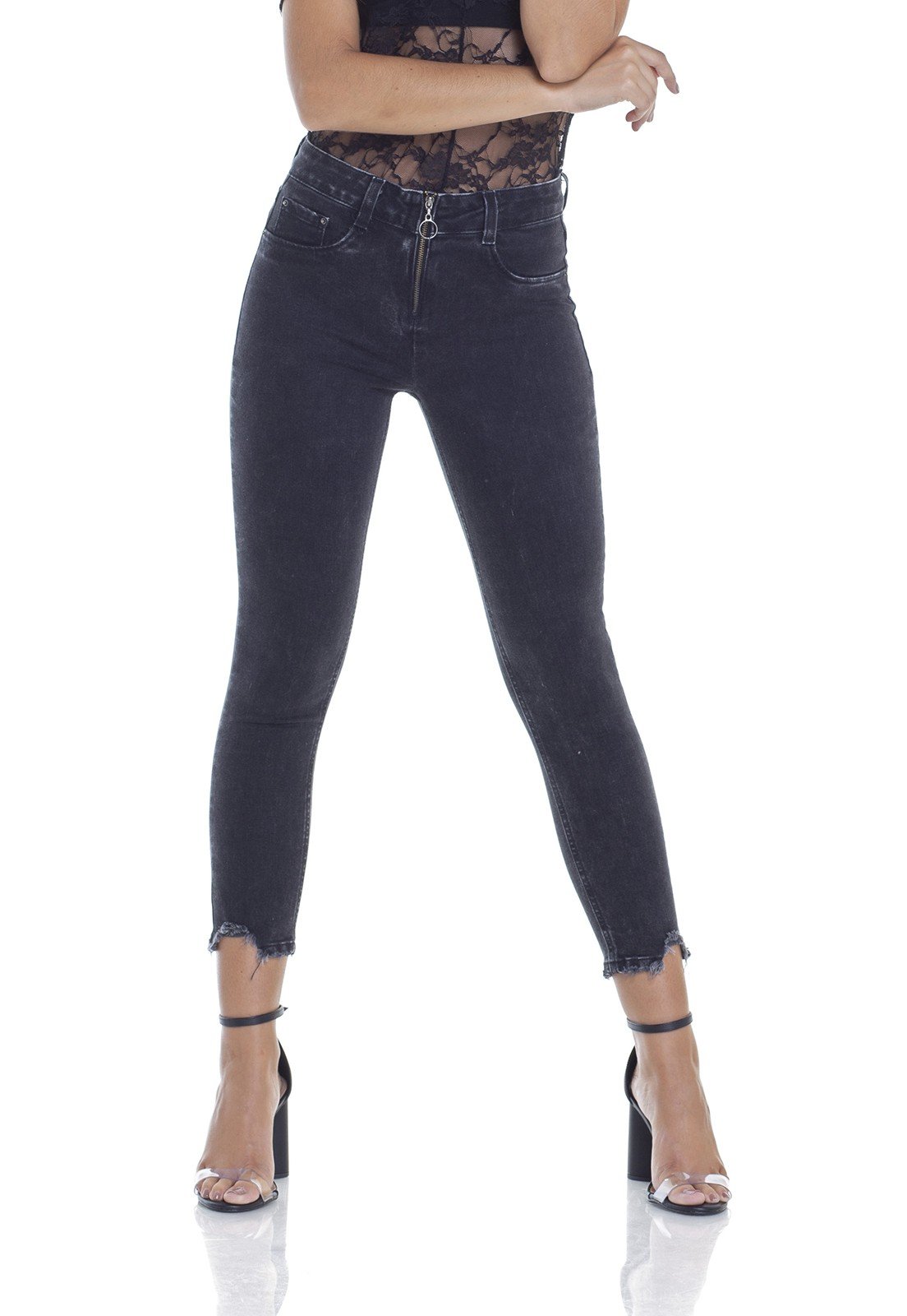 dz2913 calca jeans skinny media cropped fechamento de ziper frente prox denim zero