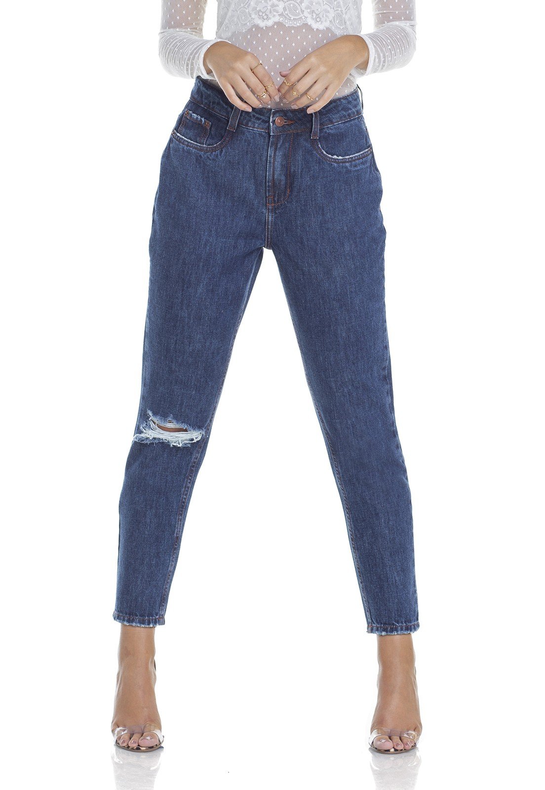 dz2923 calca jeans mom com rasgo frente crop denim zero