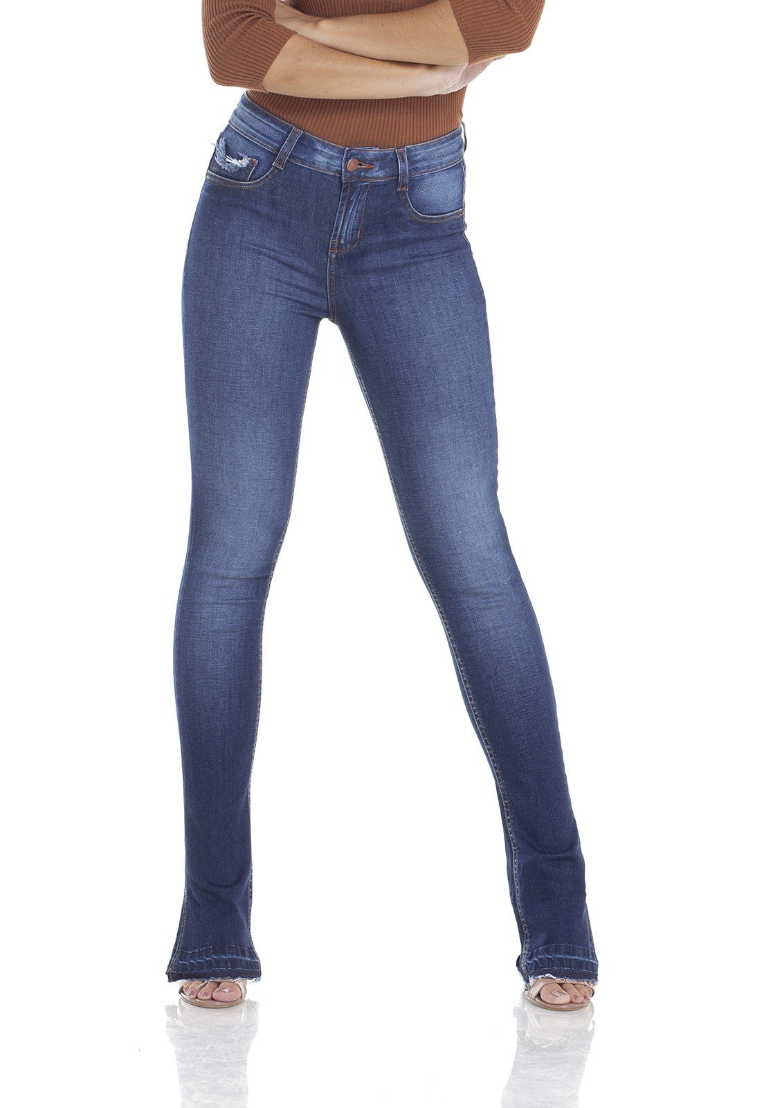 dz2927 calca jeans new boot cut com fenda frente crop denim zero