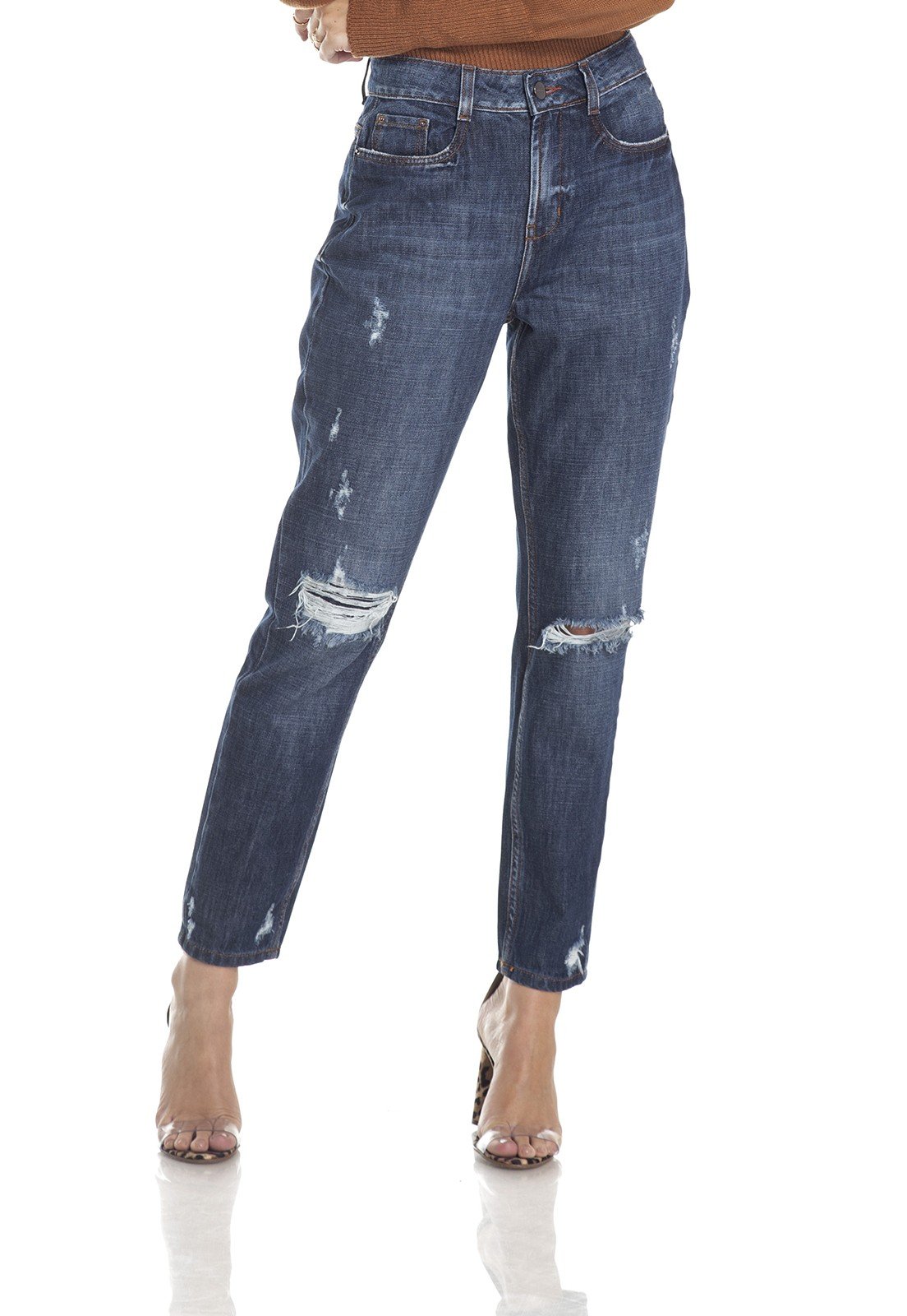 dz2986 calca mom cintura alta escura com rasgos frente crop denim zero