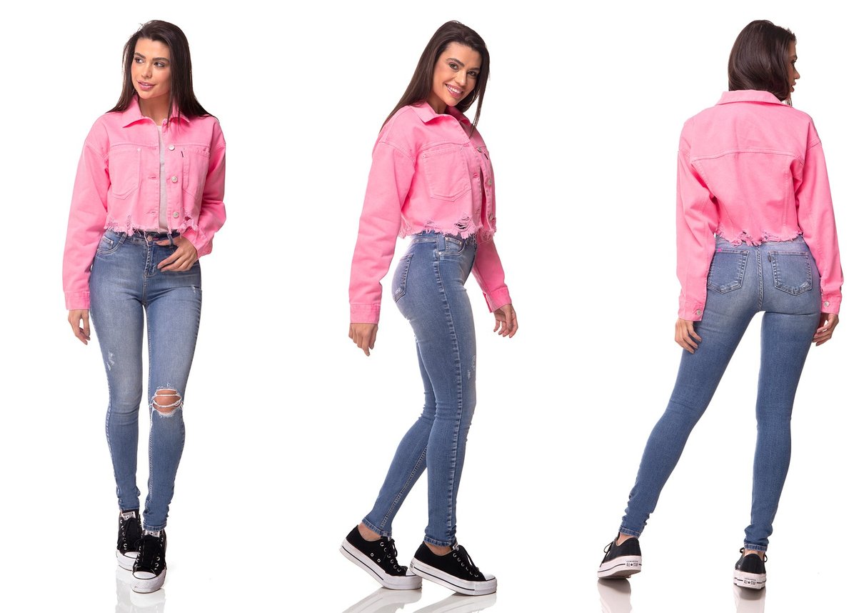 dz9102 jaqueta retro cropped rosa neon denim zero tripla
