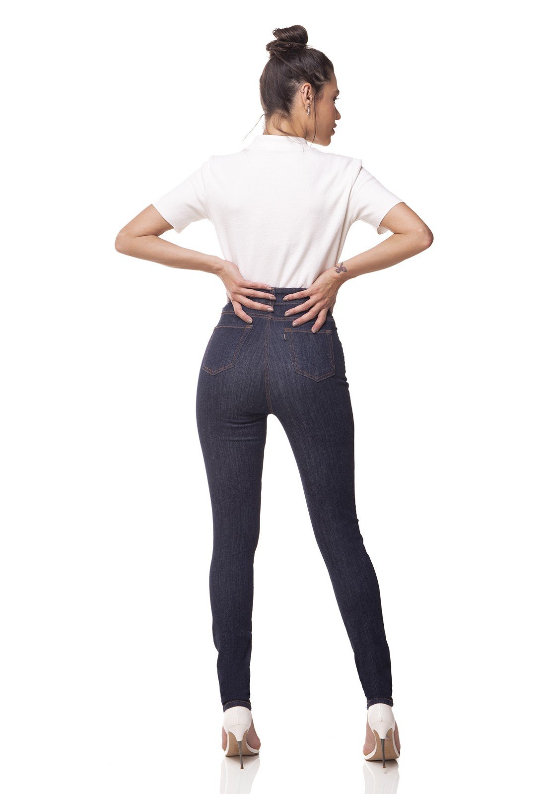 dz3074 calca jeans skinny cintura alta hot pants escura denim zero costas