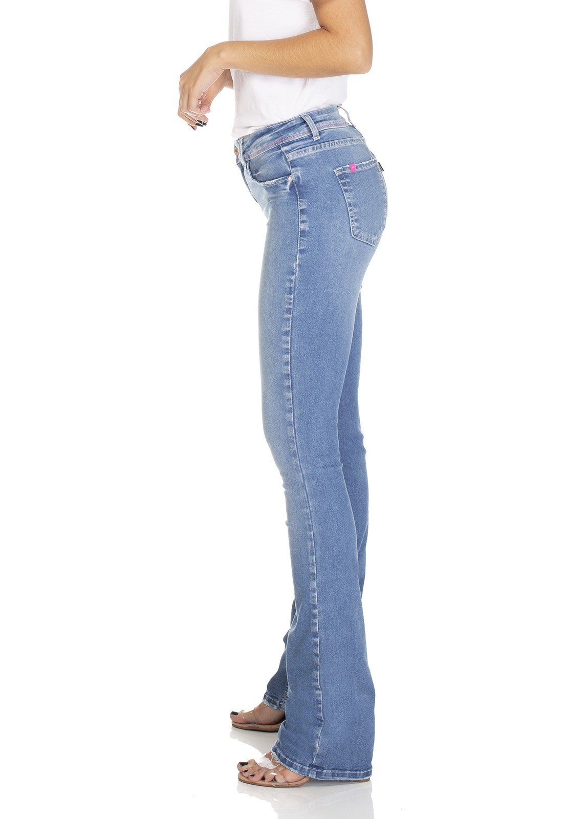 dz3062 calca jeans feminina boot cut clarinha denim zero lado prox