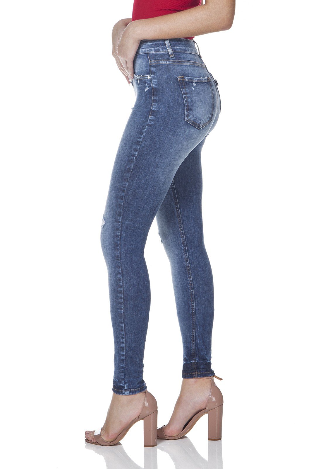 dz3088 calca jeans feminina skinny media denim zero lado prox