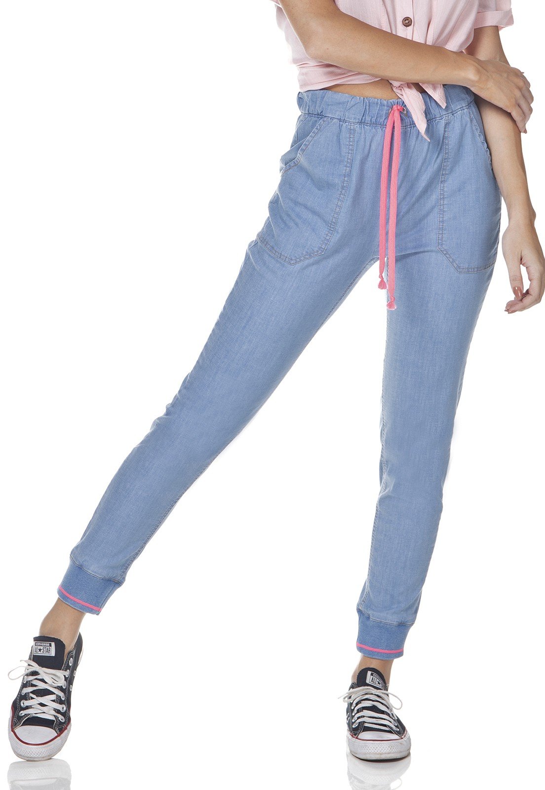 dz3111 calca feminina jogger sport com cordao denim zero frente prox