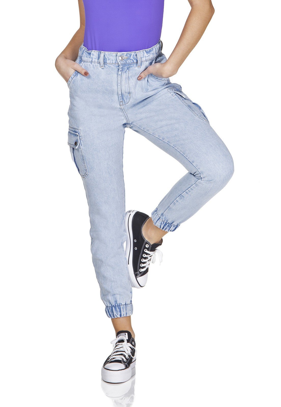 dz3237 calca jeans mom com bolsos laterais denim zero frente prox