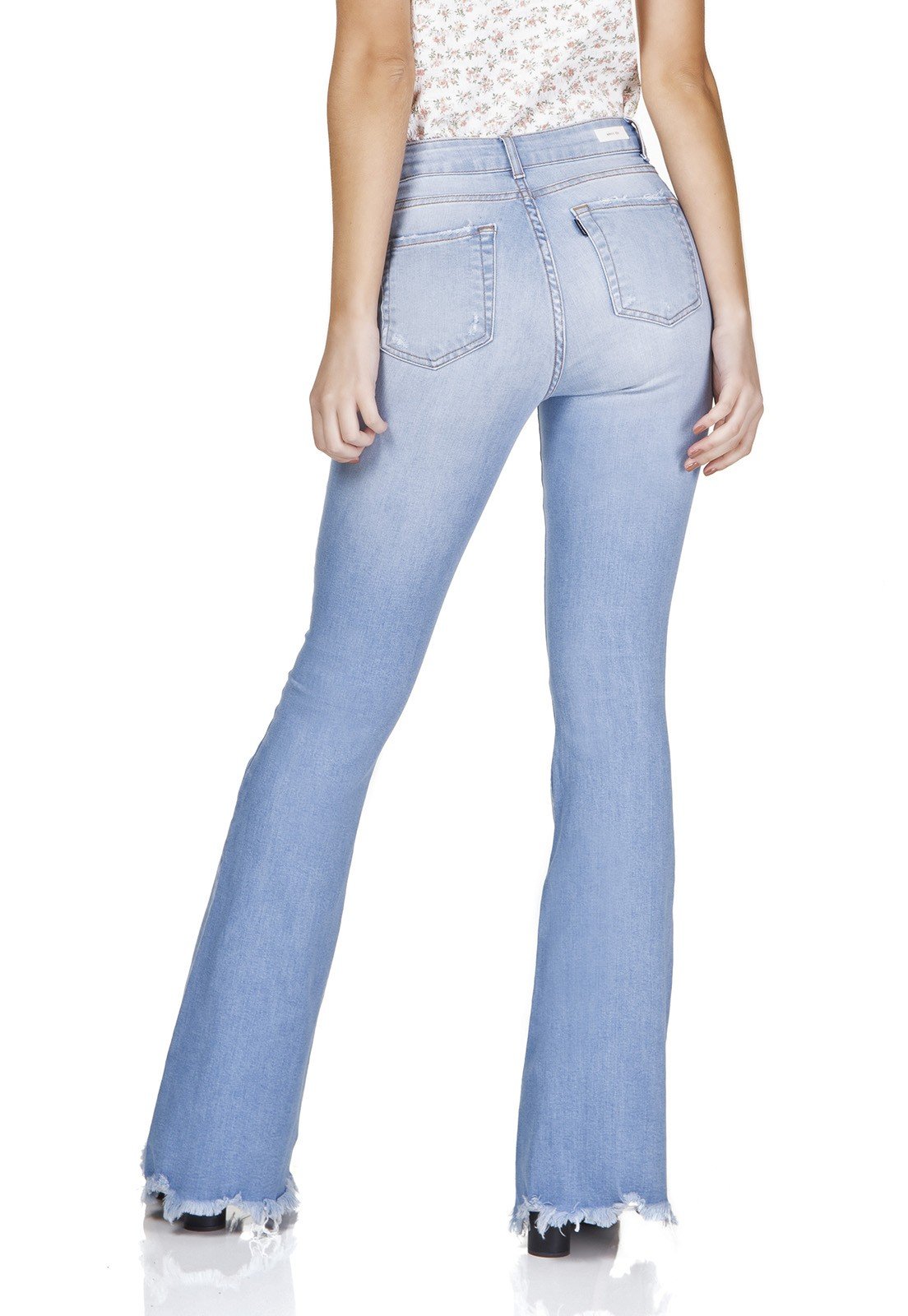 dz3207 calca jeans flare media rasgos no joelho denim zero costas prox