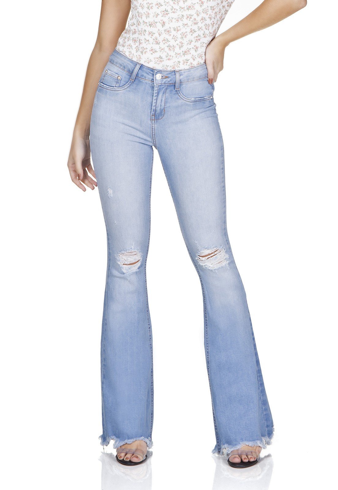 dz3207 calca jeans flare media rasgos no joelho denim zero frente prox
