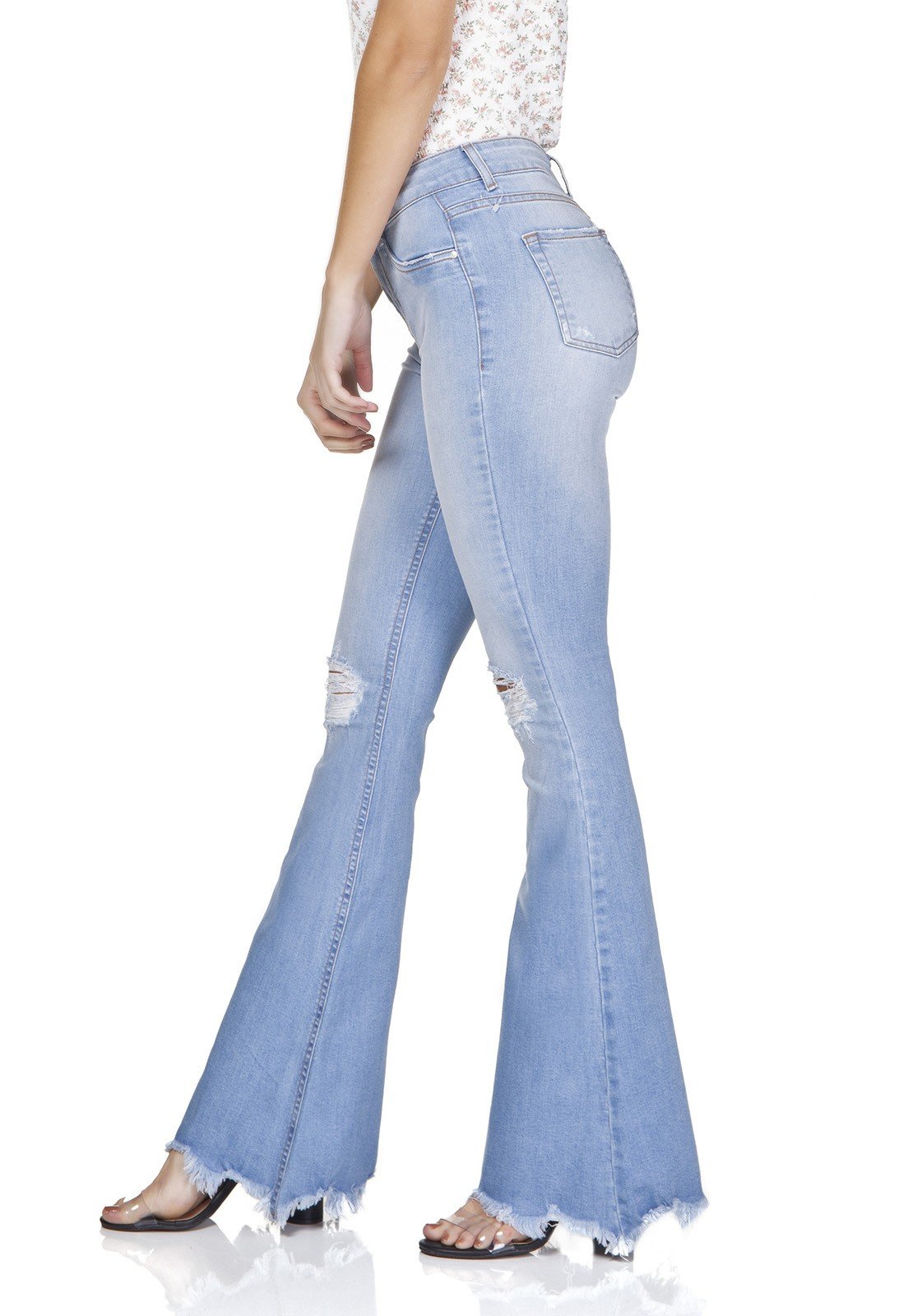 dz3207 calca jeans flare media rasgos no joelho denim zero lado prox