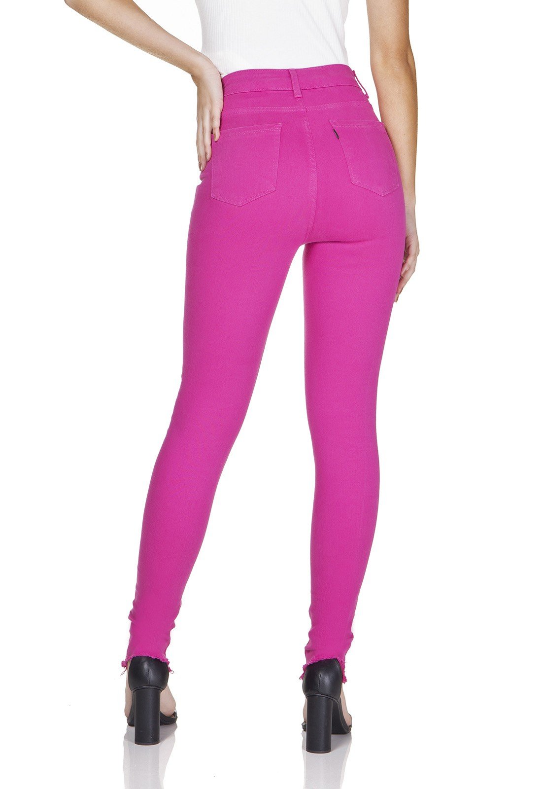 dz3127 calca jeans skinny hot pants barra desfiada deep pink denim zero costas prox