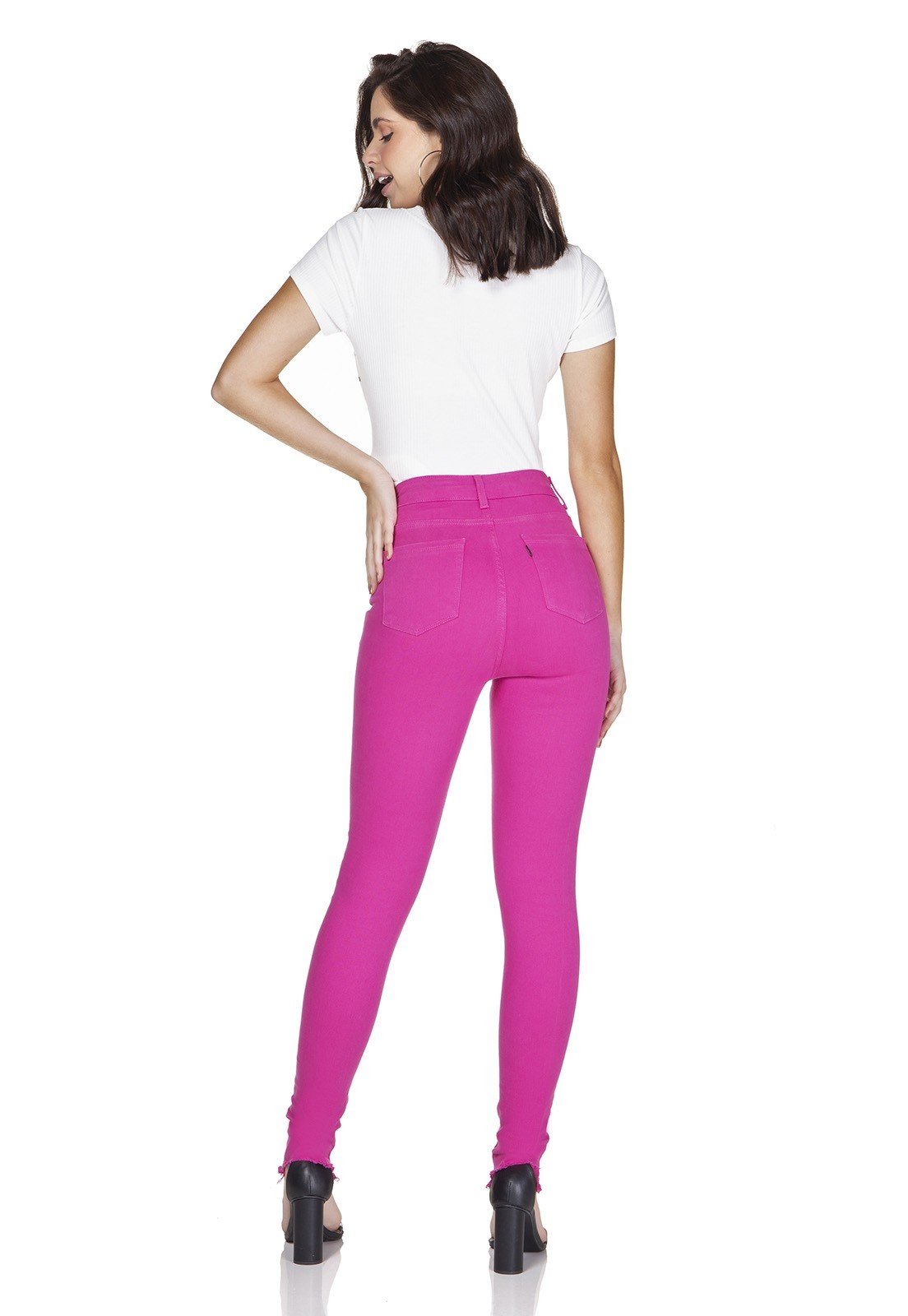 dz3127 calca jeans skinny hot pants barra desfiada deep pink denim zero costas