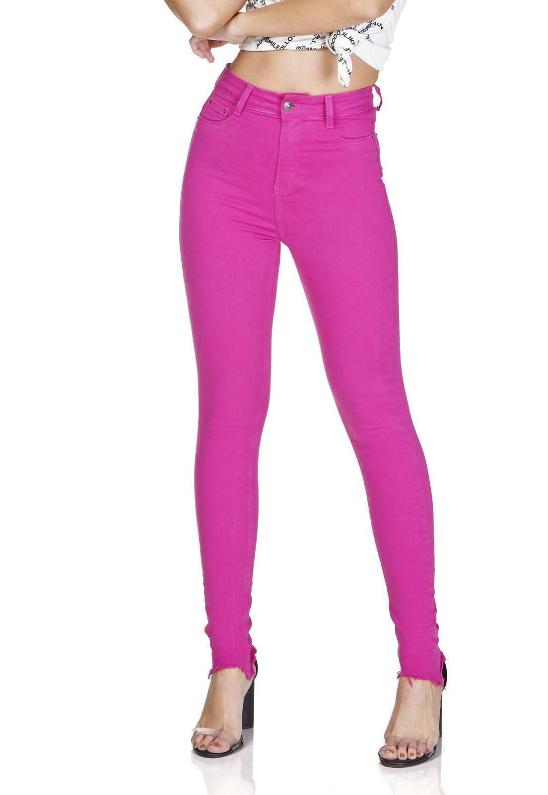 dz3127 calca jeans skinny hot pants barra desfiada deep pink denim zero frente prox