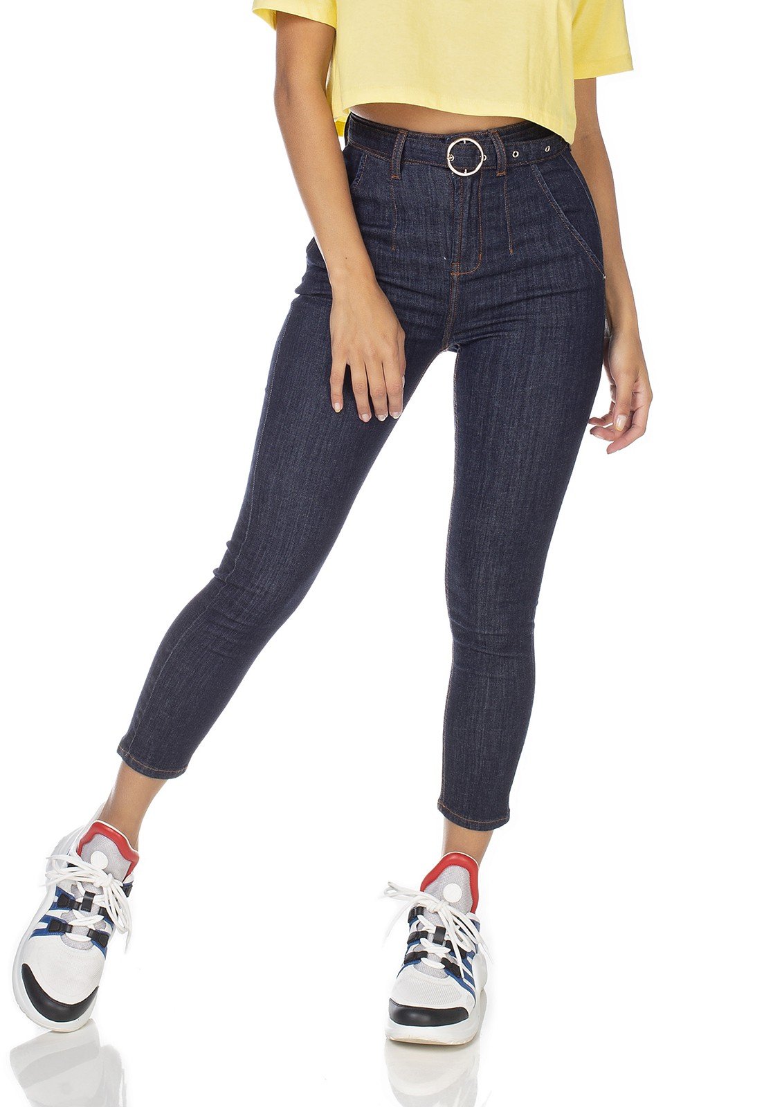 dz3226 calca jeans feminina skinny hot pants cropped com cinto denim zero frente prox