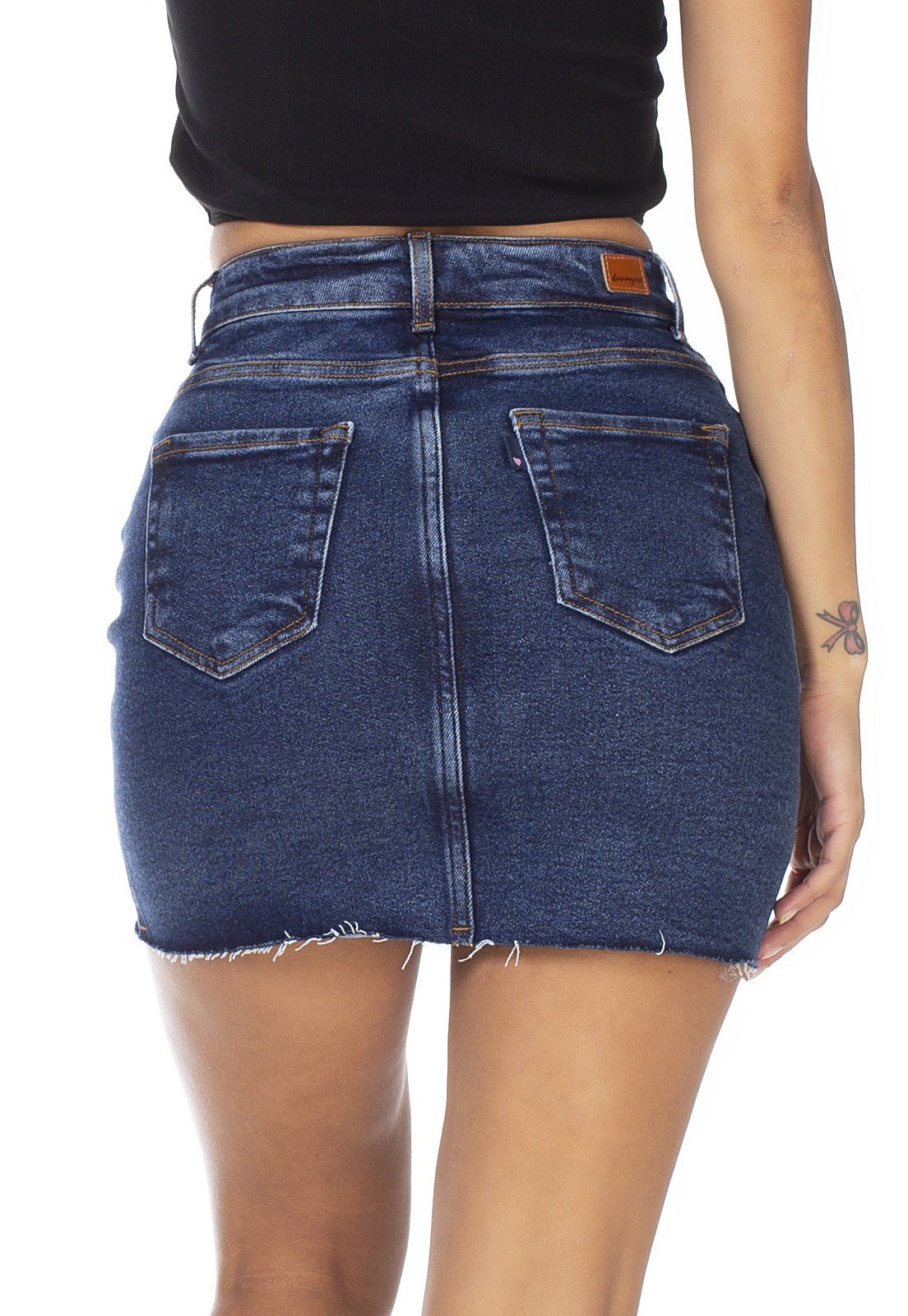 dz7125 saia jeans feminina tubinho recorte frontal denim zero costas detalhe