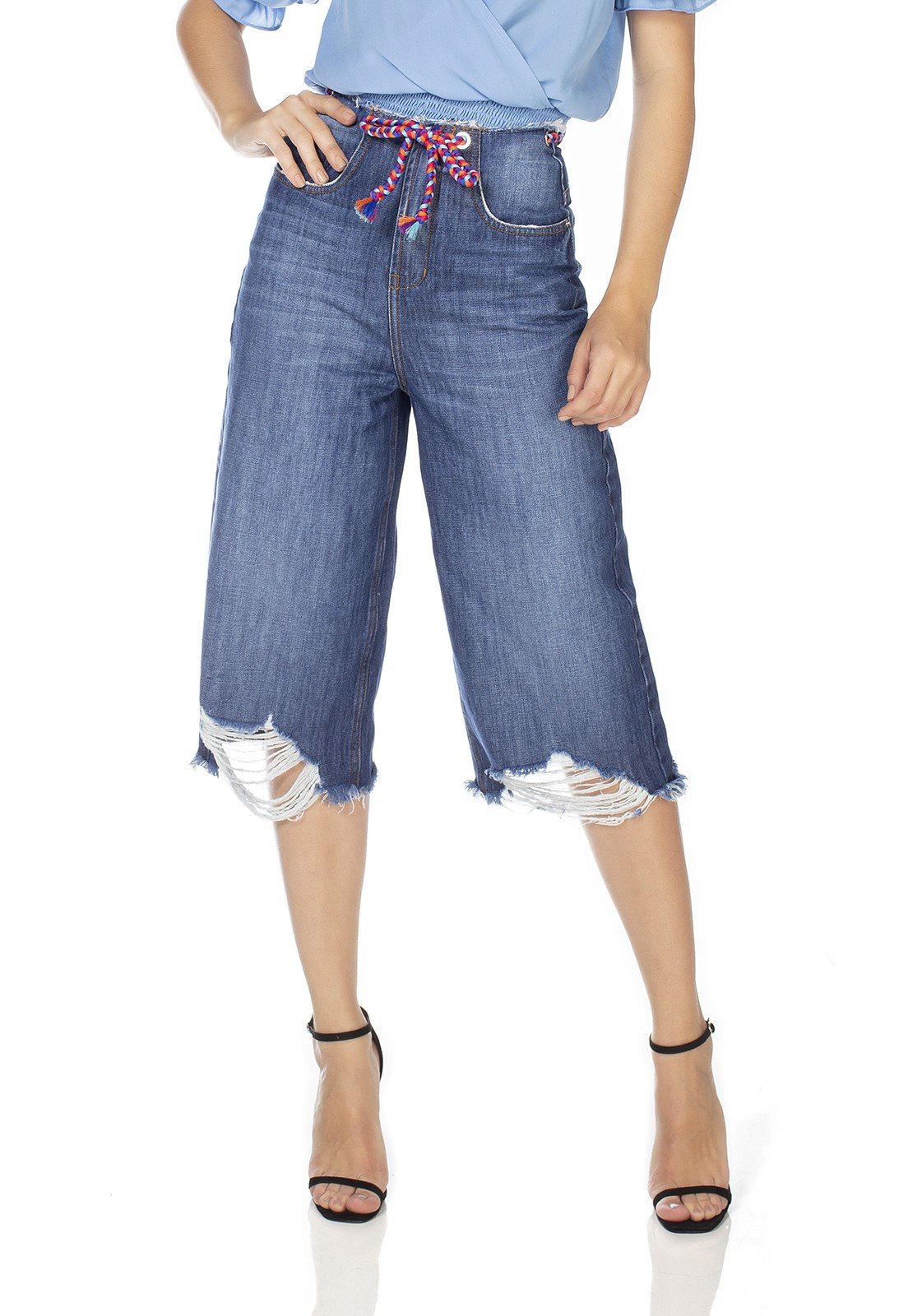 dz3233 calca jeans feminina pantacourt com cordao colorido denim zero frente prox
