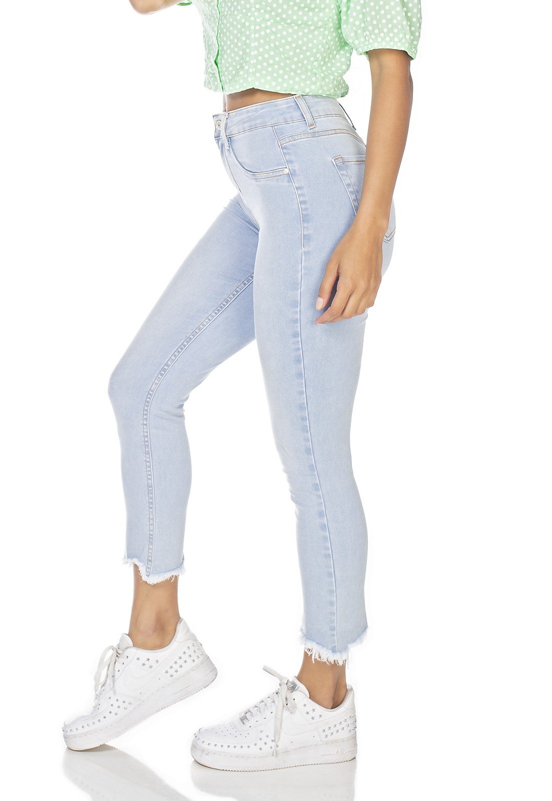 dz3225 calca jeans feminina skinny cropped barra irregular denim zero lado prox