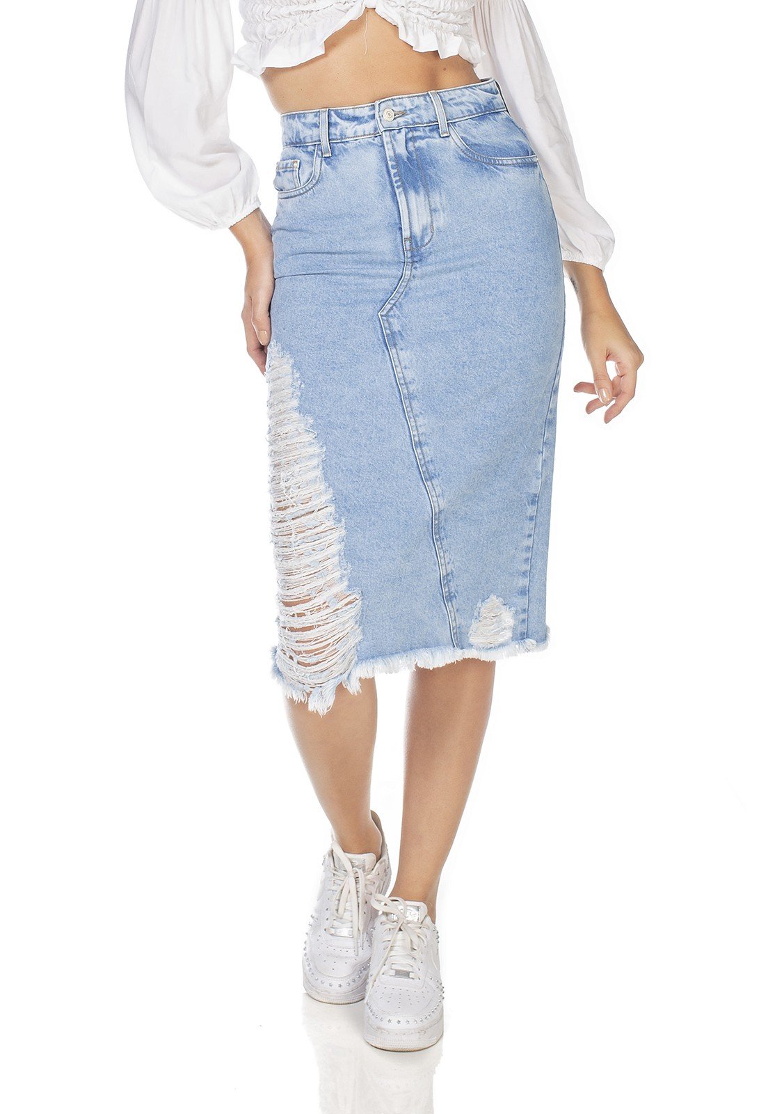 dz7118 saia jeans feminina midi recorte frontal denim zero frente prox