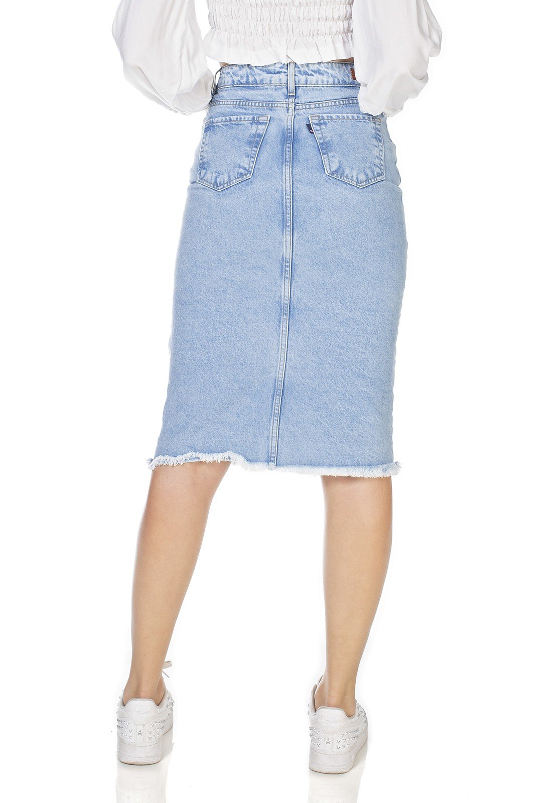 dz7118 saia jeans feminina midi recorte frontal denim zero costas prox