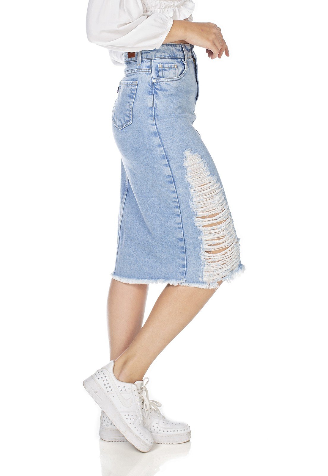 dz7118 saia jeans feminina midi recorte frontal denim zero lado prox