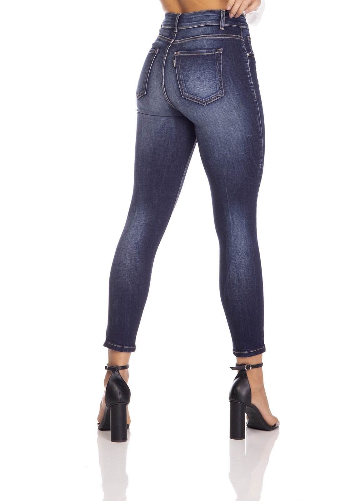 dz3236 calca jeans feminina skinny media cropped rasgo no joelho denim zero costas prox