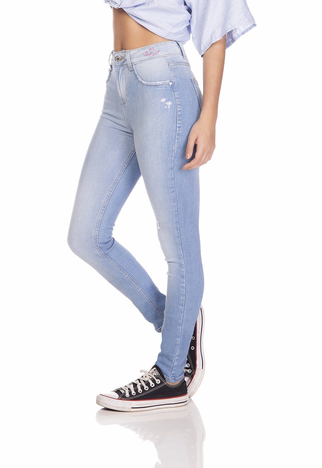 dz3253 calca jeans feminina skinny media com estampa denim zero lado prox