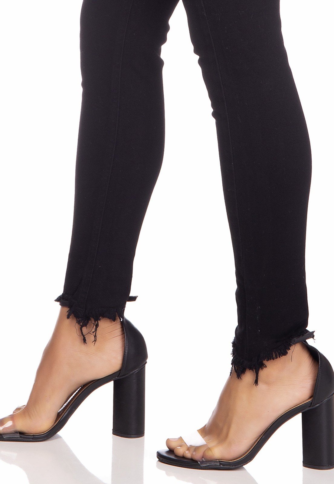 dz3257 calca jeans feminina skinny media cigarrete com cinto preto denim zero lado detalhe