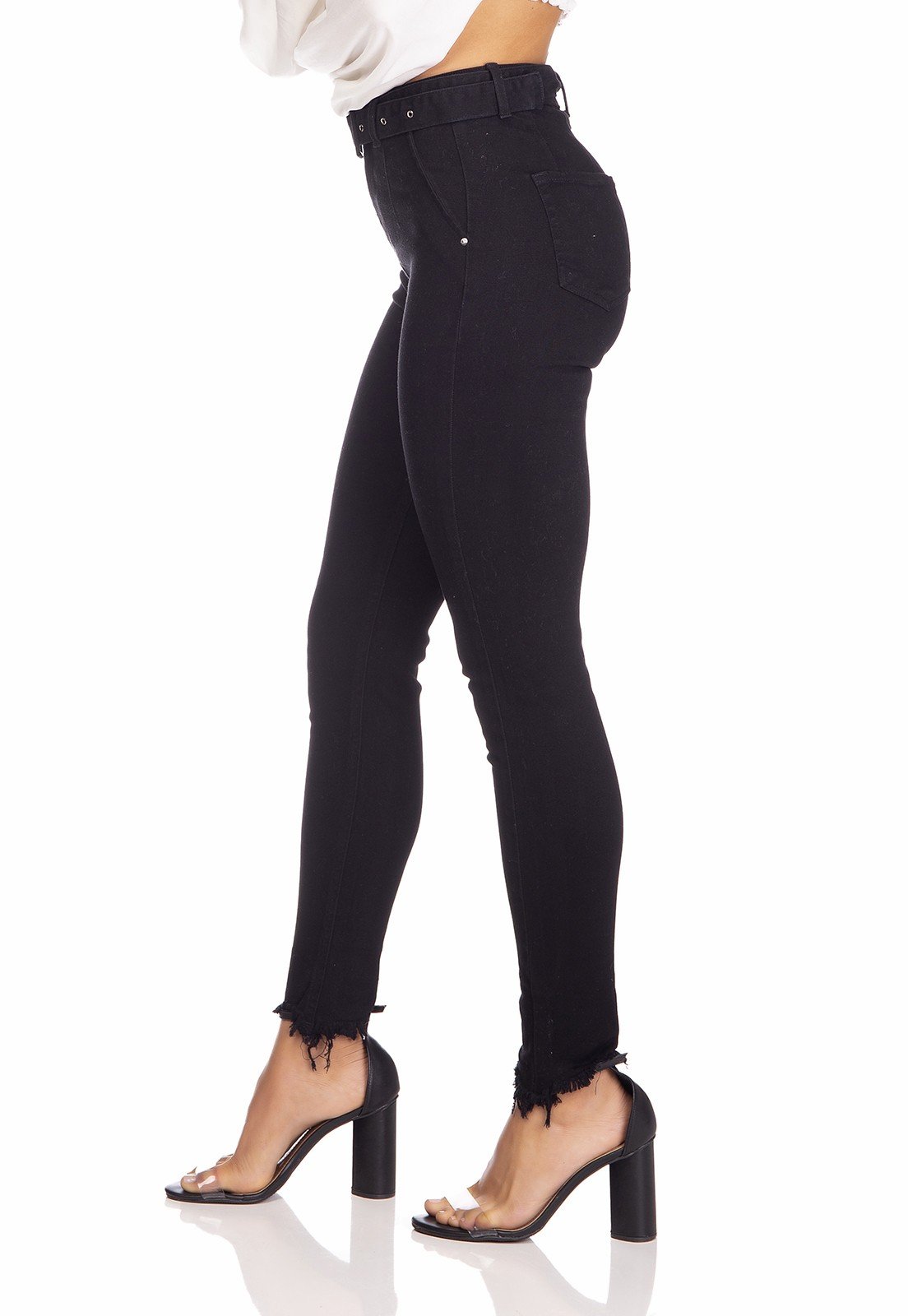 dz3257 calca jeans feminina skinny media cigarrete com cinto preto denim zero lado prox