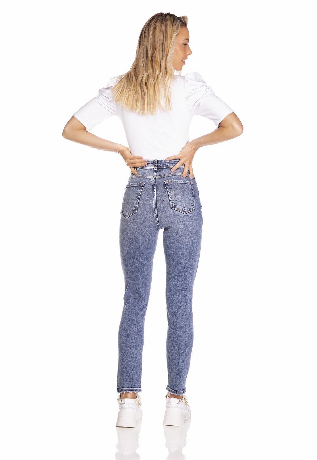 dz3232 calca jeans feminina mom fit vintage com puidos denim zero costas
