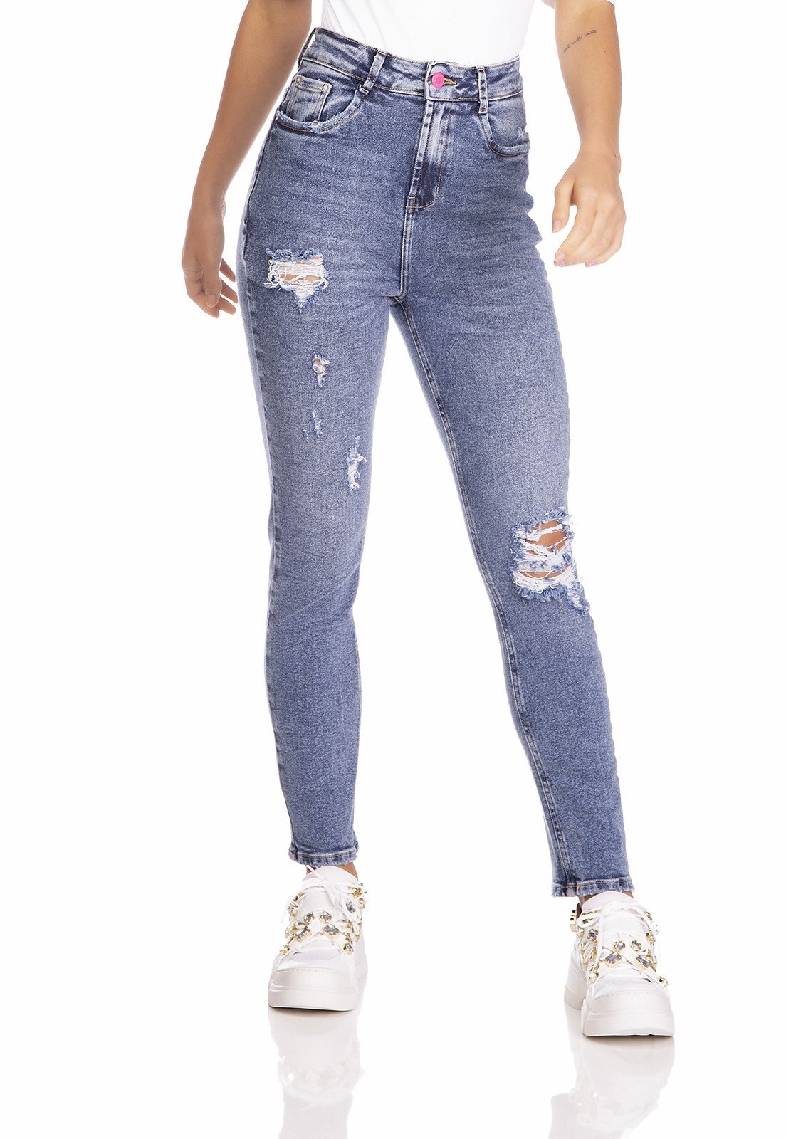 dz3232 calca jeans feminina mom fit vintage com puidos denim zero frente prox