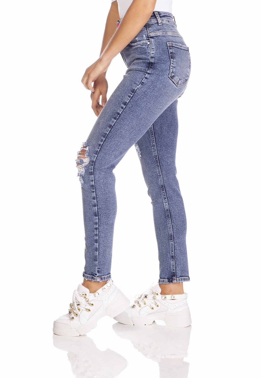 dz3232 calca jeans feminina mom fit vintage com puidos denim zero lado prox