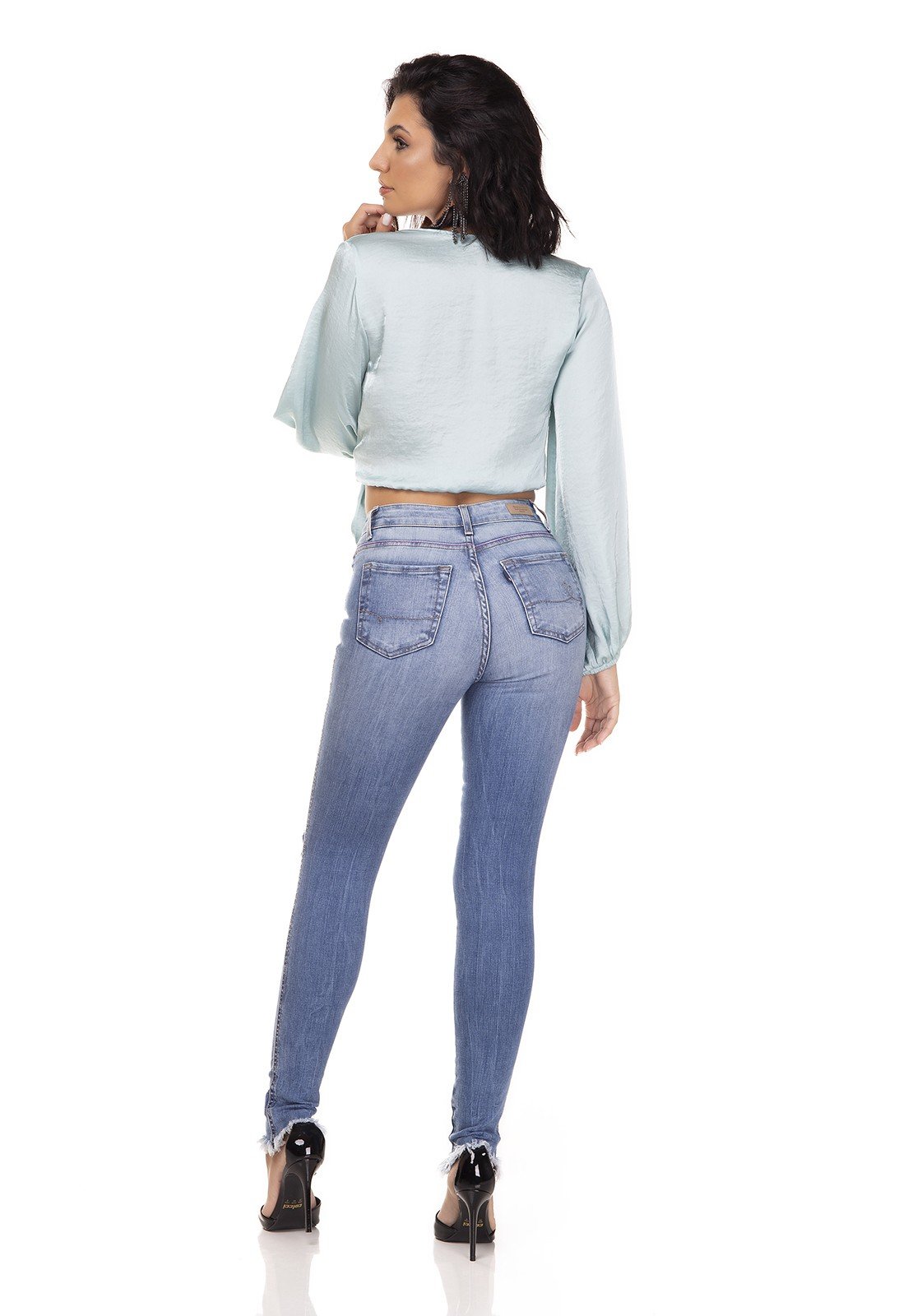 dz3282 calca jeans skinny media rasgo joelho denim zero costas