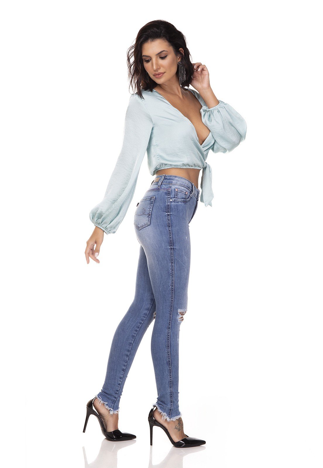 dz3282 calca jeans skinny media rasgo joelho denim zero lado