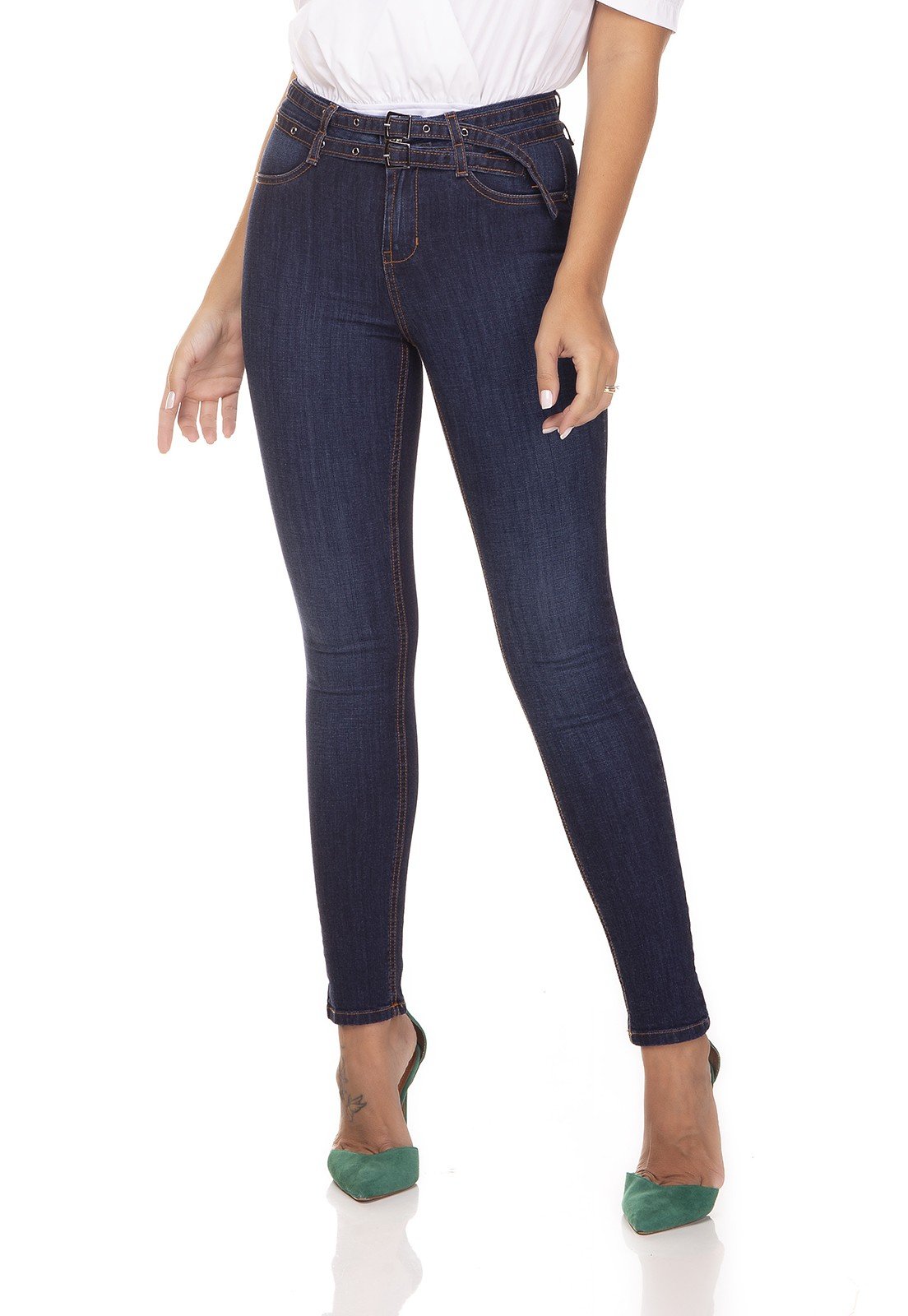 dz3283 calca jeans skinny media com cinto duplo denim zero frente prox