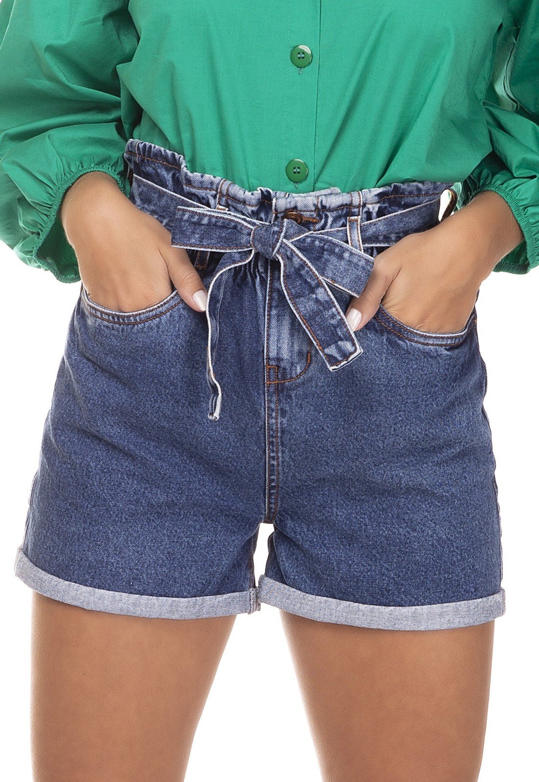 dz6382 shorts jeans mom clochard barra dobrada denim zero frente detalhe